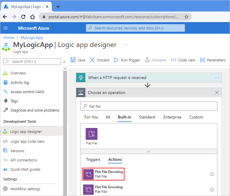 Screenshot showing Azure portal and Consumption workflow designer with "flat file" in search box and "Flat File Decoding" action selected.