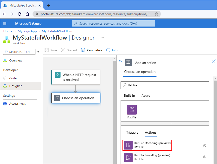 Screenshot showing Azure portal and Standard workflow designer with "flat file" in search box and "Flat File Decoding" action selected.