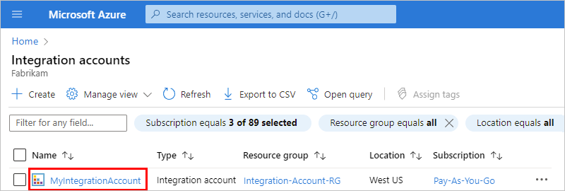 Screenshot showing integration accounts pane with integration account selected.