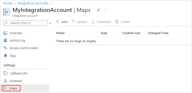 Screenshot showing integration account navigation menu with "Maps" selected.