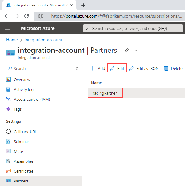 Screenshot of Azure portal, integration account, and 'Partners' page with 'TradingPartner1' and 'Edit' button selected.