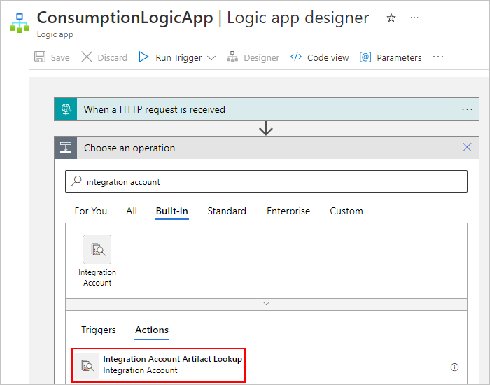 Screenshot of the designer for a Consumption logic app workflow with the 'Integration Account Artifact Lookup' action selected.