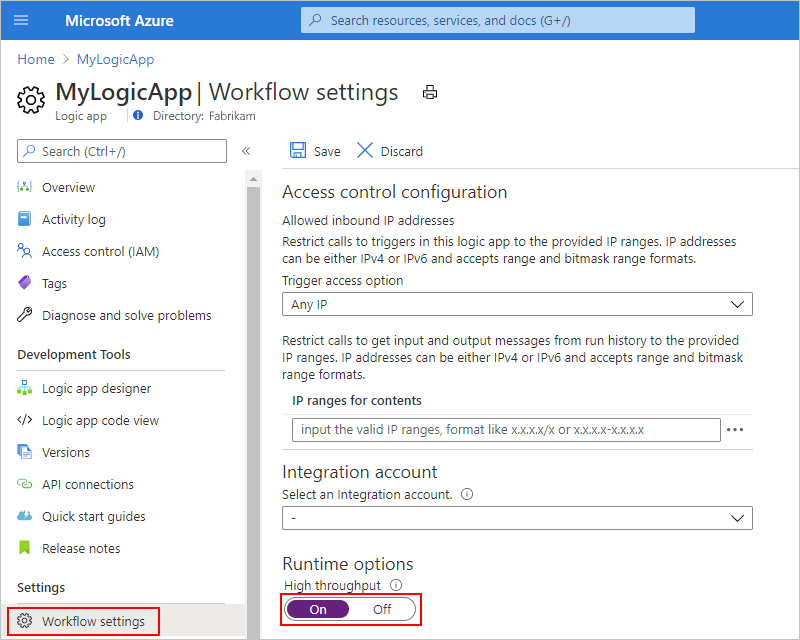 Screenshot that shows logic app menu in Azure portal with "Workflow settings" and "High throughput" set to "On".