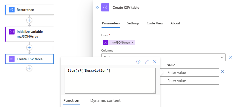 Screenshot showing the "Create CSV table" action in a Standard workflow and how to dereference the "Description" array property.