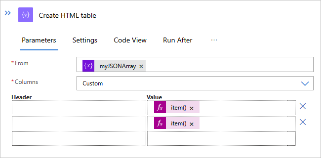 Screenshot showing the "Create HTML table" action in a Standard workflow and the "item()" function.