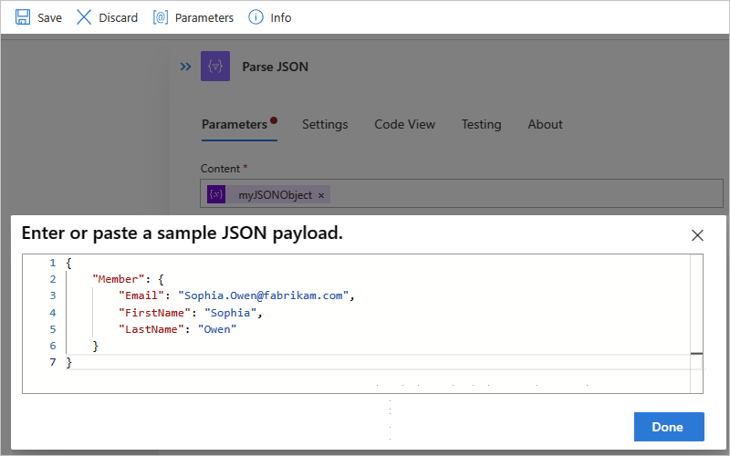 Screenshot showing the designer for a Standard workflow, the "Parse JSON" action, and the "Enter or paste a sample JSON payload" box with the JSON entered to generate the schema.