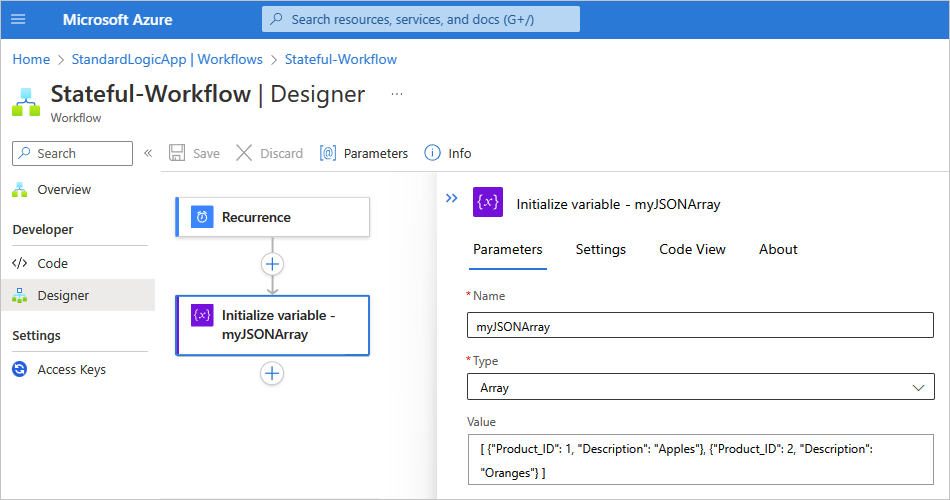 Screenshot showing the Azure portal and the designer with a sample Standard workflow for the "Create CSV table" action.