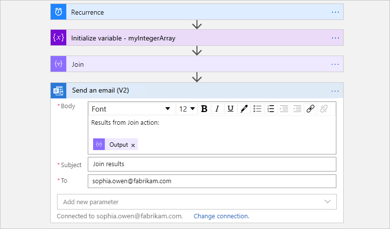 Screenshot showing a Consumption workflow with the finished "Send an email" action for the "Join" action.