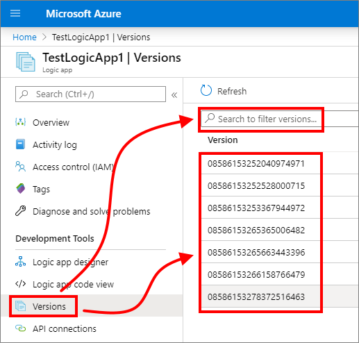 Screenshot shows Azure portal and Consumption logic app menu with Versions selected, and list of previous logic app versions.
