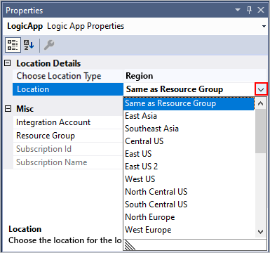 Open "Location" property list, select another Azure region