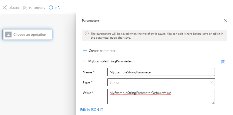 Screenshot showing Azure portal, workflow designer, and the "Parameters" pane with an example parameter definition.