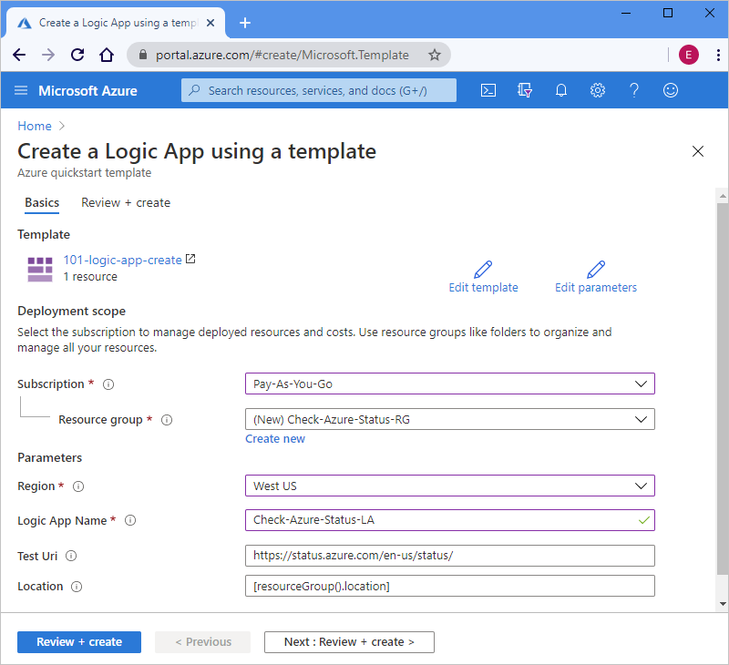Screenshot showing Azure portal with "Create a Logic App using a template" properties and sample values.