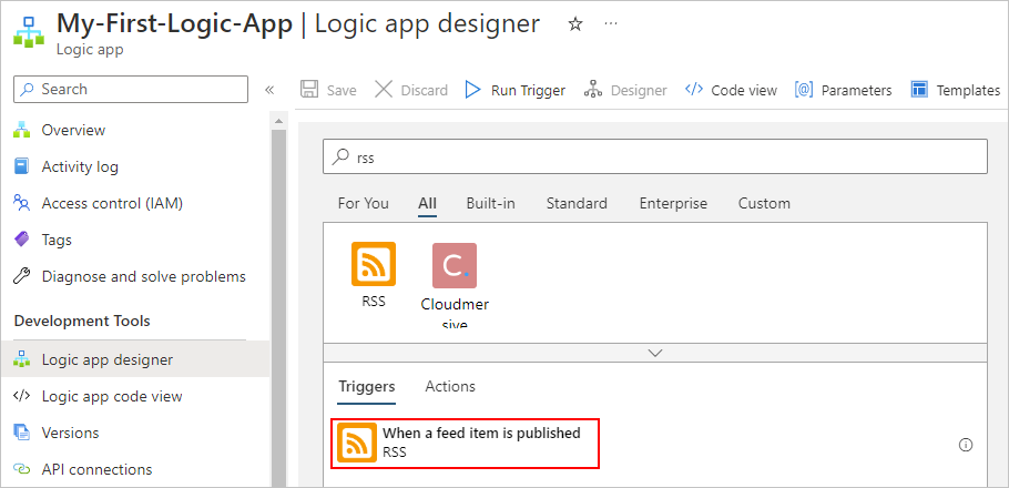 Screenshot showing the workflow designer with "rss" in the search box and the selected RSS trigger, "When a feed item is published".