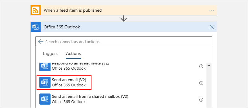 Screenshot showing filtered actions for the email service, "Office 365 Outlook".