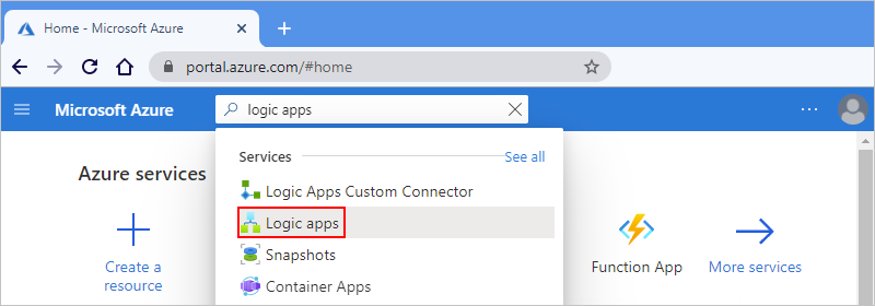 Screenshot that shows Azure portal search box with "logic apps" as the search term and "Logic Apps" as the selected result.