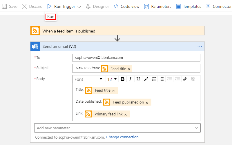 Screenshot showing the workflow designer and the "Run" button selected on the designer toolbar.