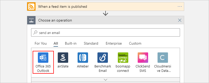 Screenshot showing the "Choose an operation" list with the selected email service, "Office 365 Outlook".
