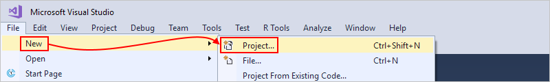Screenshot showing Visual Studio "File" menu with "New" > "Project" selected.