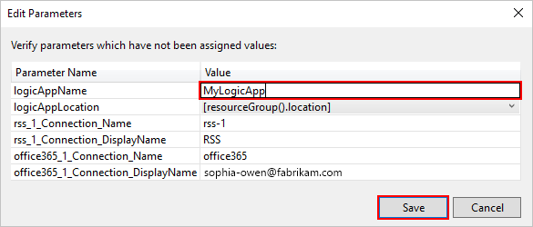 Screenshot showing "Edit Parameters" box with resource name for logic app.
