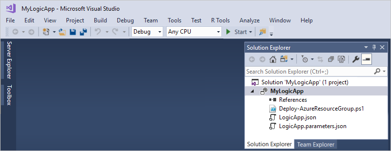 Screenshot showing Solution Explorer with new logic app solution and deployment file.