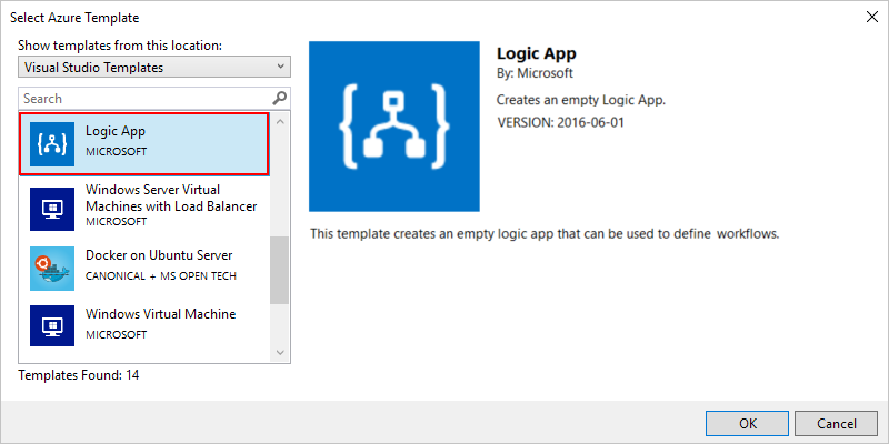 Screenshot showing the "Logic App" template selected.