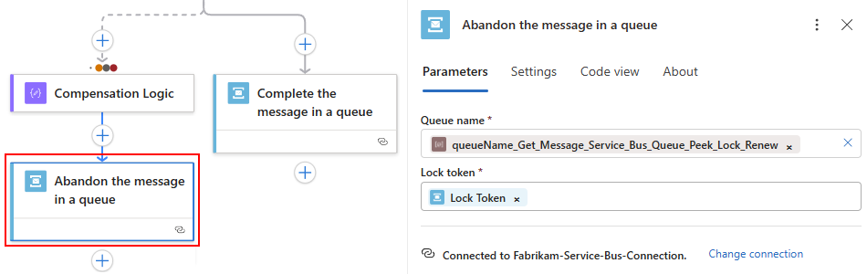 Screenshot shows Abandon message action for Standard workflow.