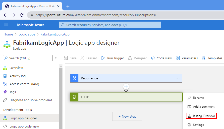 Screenshot showing the Azure portal, workflow designer, action shortcut menu, and "Testing" selected.