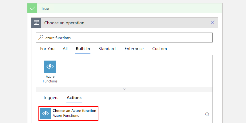 Select action for "Choose an Azure function"