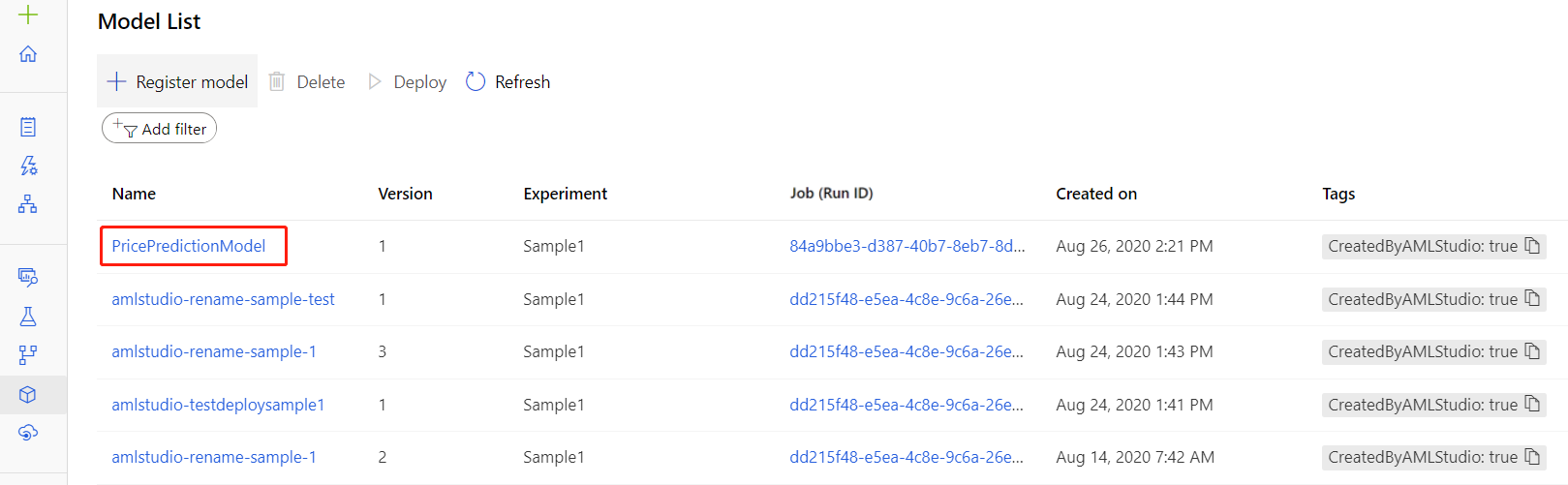 Screenshot of registered model in the Models asset page.
