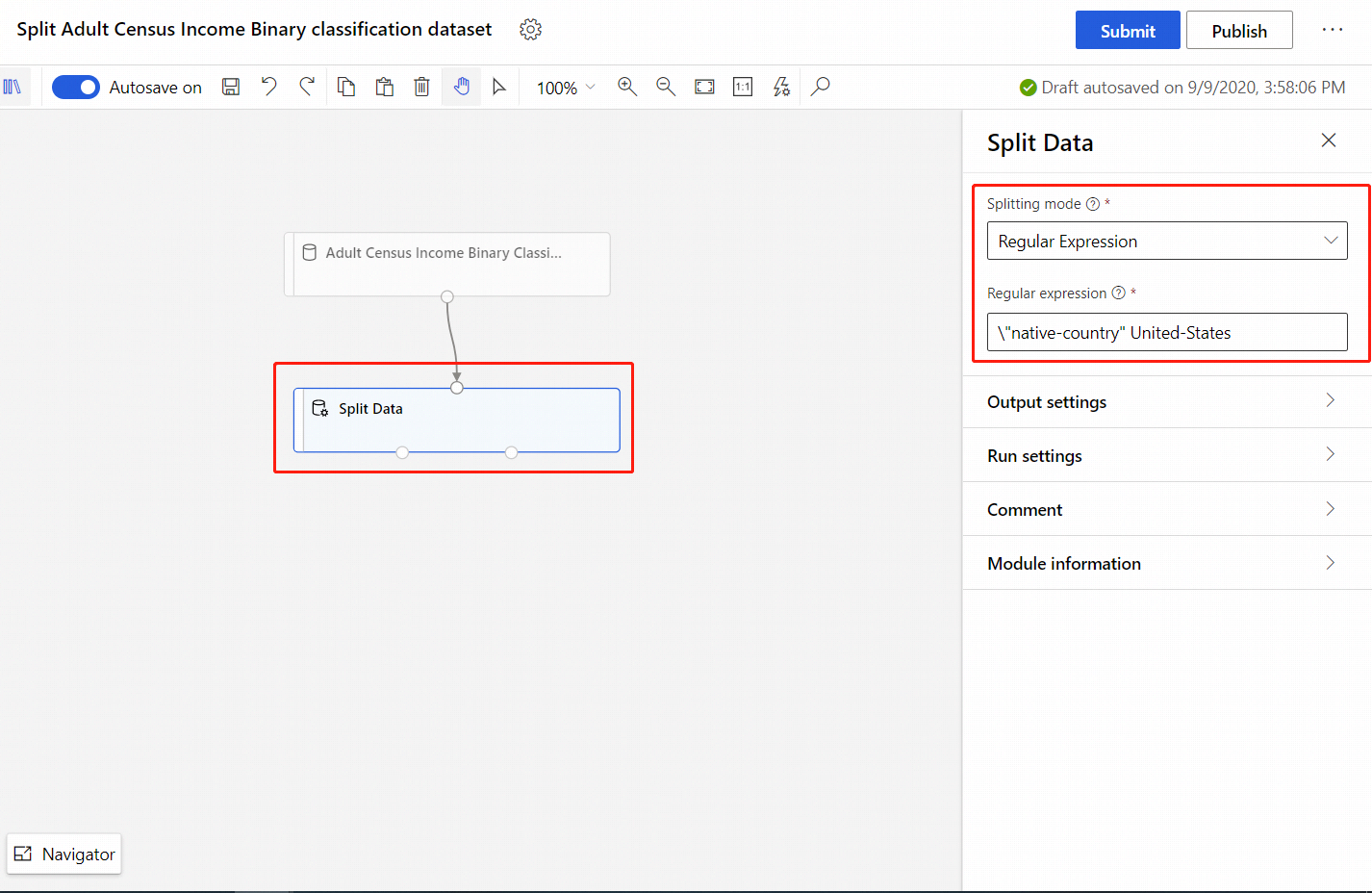 Screenshot that shows how to configure the pipeline and the Split Data component