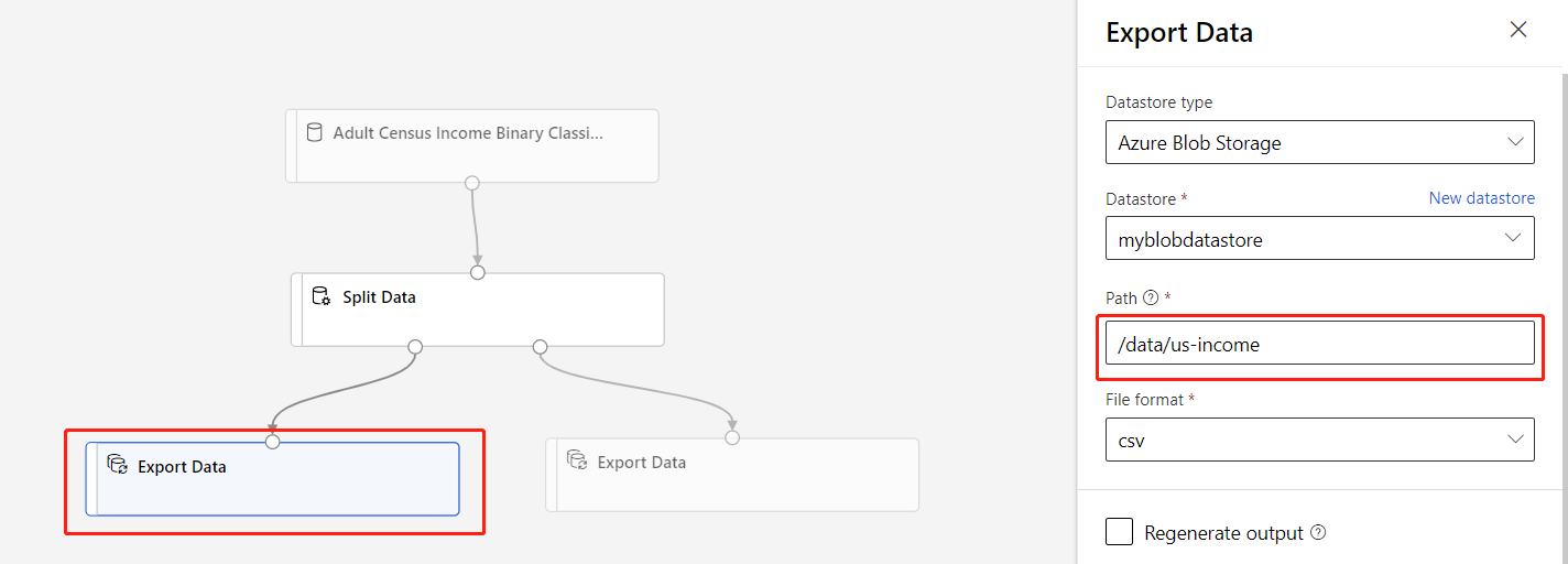 Screenshot showing how to configure the Export Data components