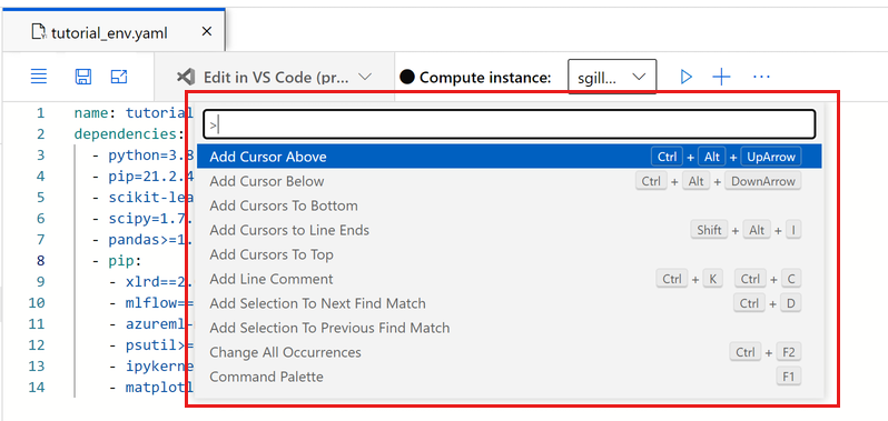 Screenshot shows command palette in file editor.