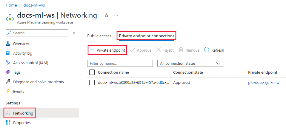 Screenshot of the private endpoints connection page.