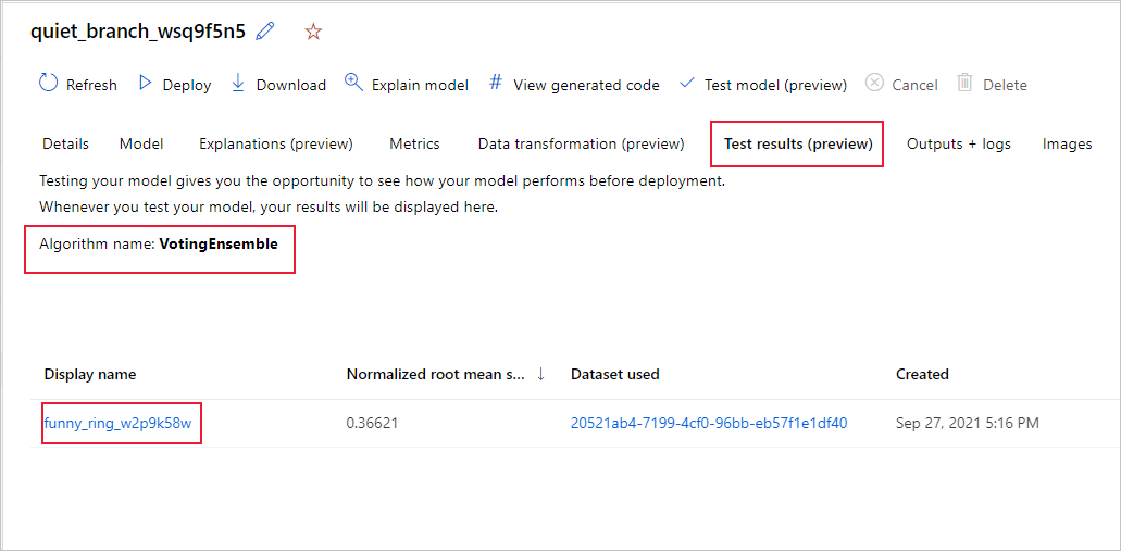 Test results tab of automatically tested, recommended model