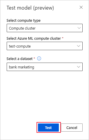 Screenshot that shows the Test model form.