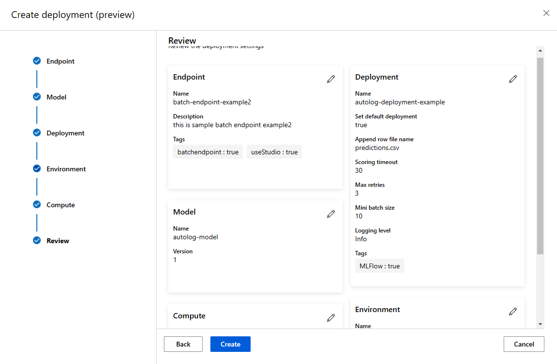 Screenshot of batch endpoints/deployment review screen.