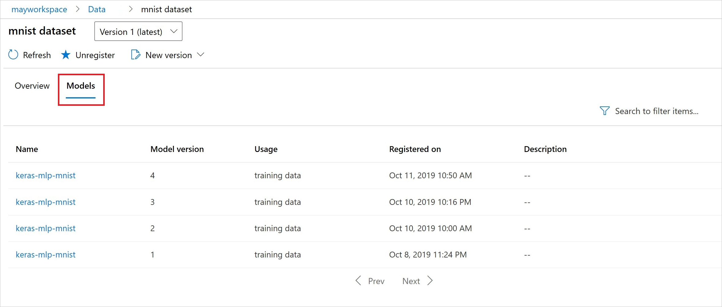 Input datasets models