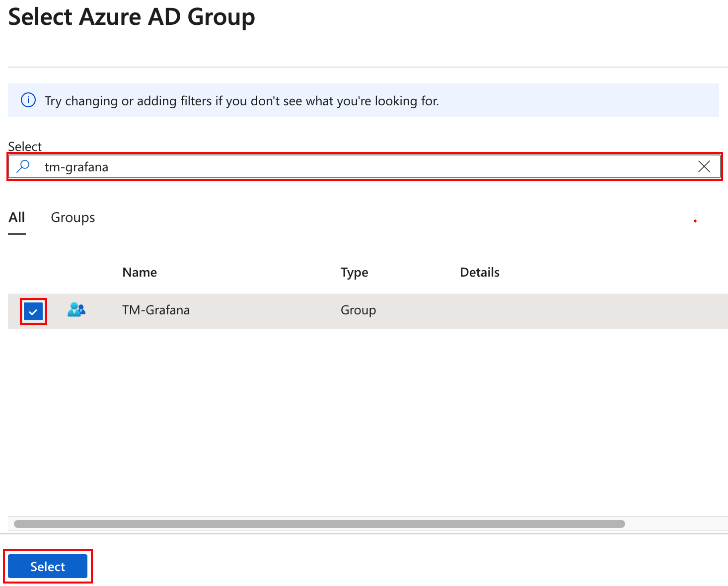 Screenshot of the Azure portal. Finding and selecting a Microsoft Entra group.