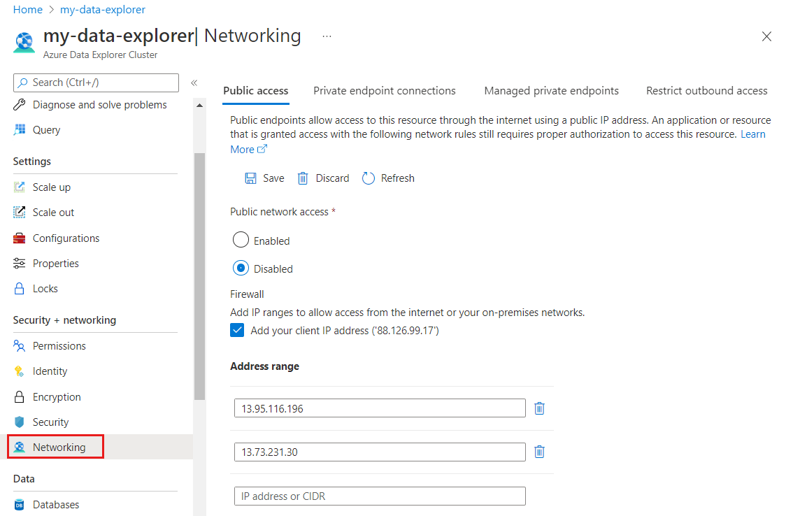 Screenshot of the Azure platform. Add Disable public network access.