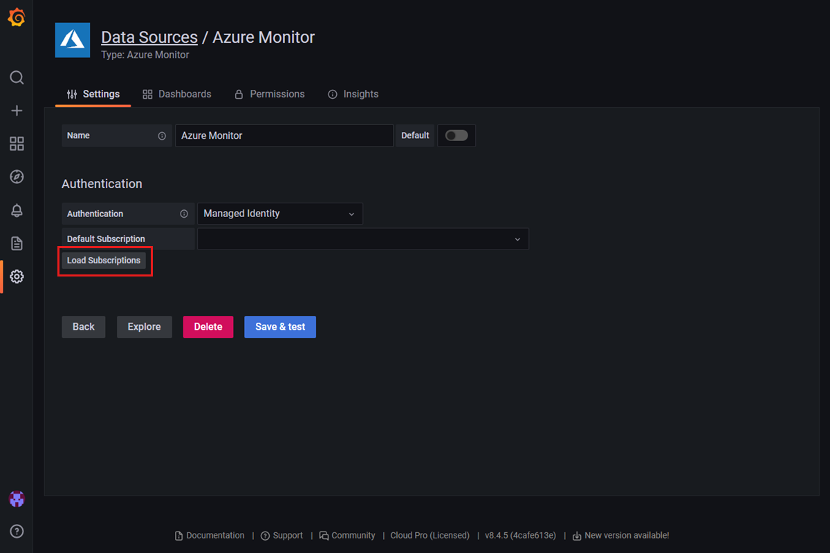 Screenshot of the Managed Grafana workspace: Load subscriptions.