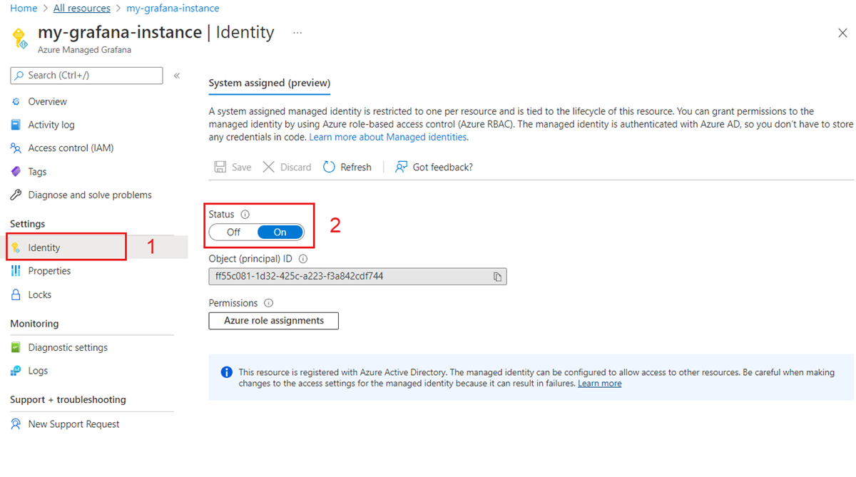 Screenshot of the Azure platform: Turn on system-assigned managed identity.