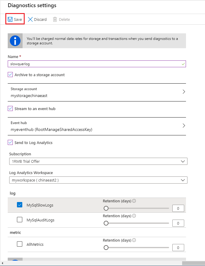 Screenshot of Diagnostic settings configuration options, with Save highlighted