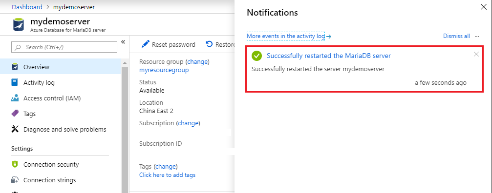 Azure Database for MariaDB - Restart success