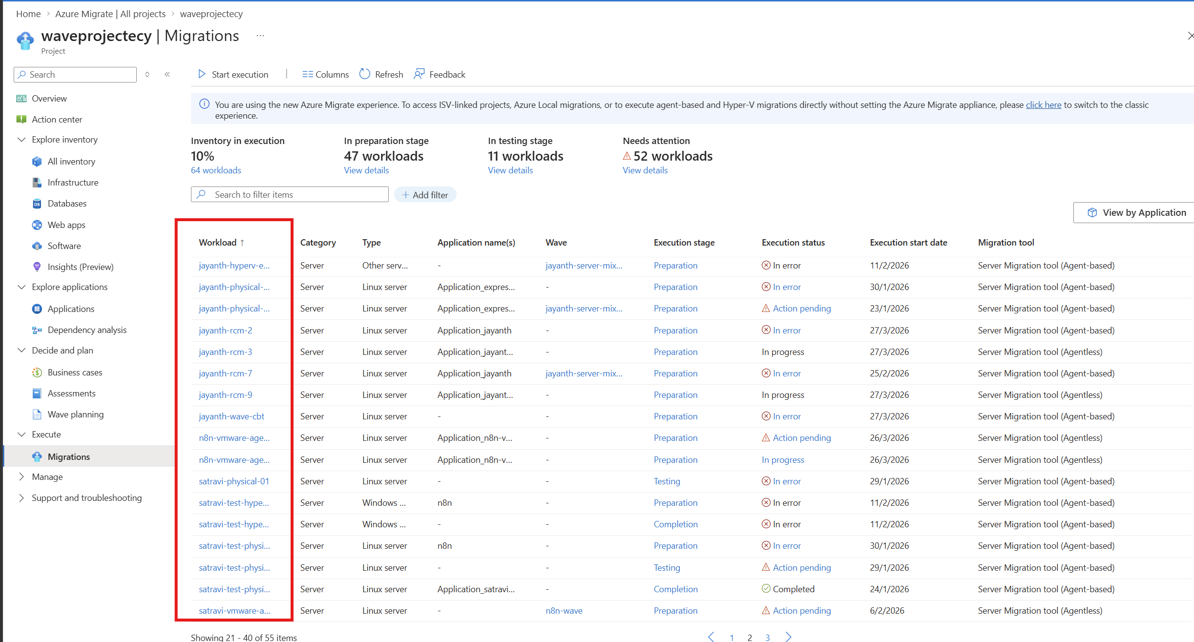 Screenshot shows the contents of express migrations screen. It contains a list of machines.
