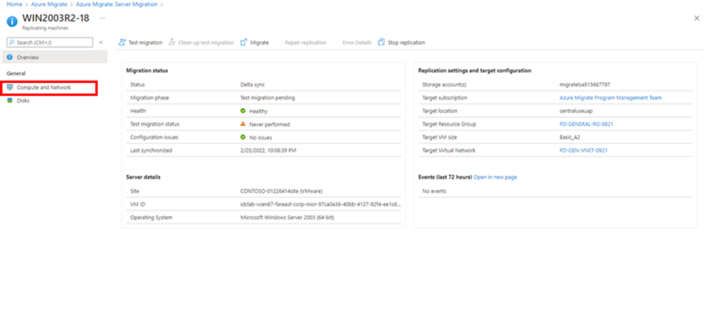 Screenshot shows the location of network and compute option on the details page of replicating machine.