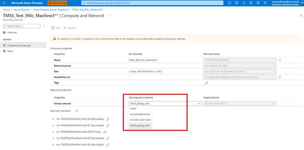 Screenshot shows where to select VNet in replicating machine's network and compute options.