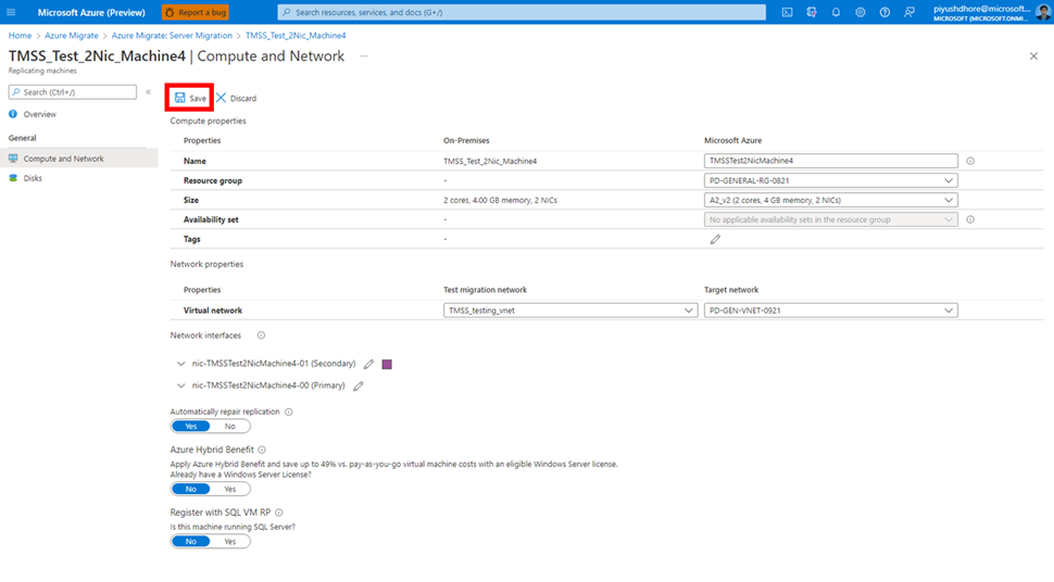 Screenshot shows the network and compute options screen of replicating machine and highlights the save button.
