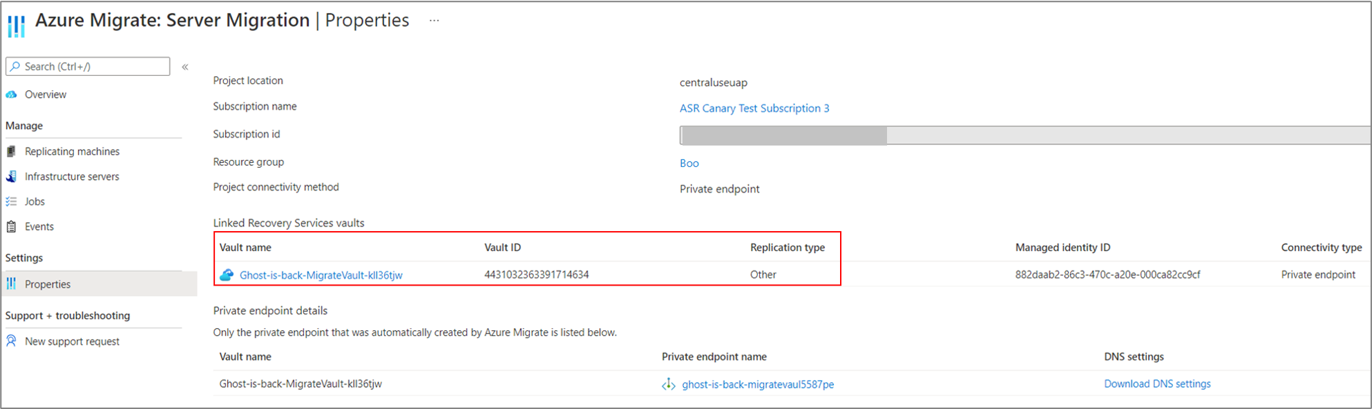 Screenshot that shows the Azure Migrate: Server Migration tool Properties page.
