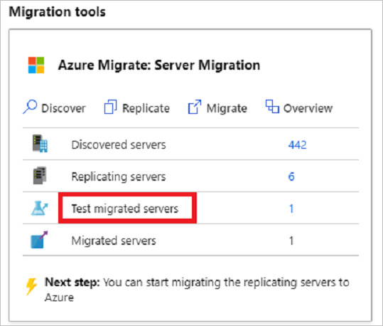Screenshot that shows Test migrated servers in Azure Migrate: Server Migration.