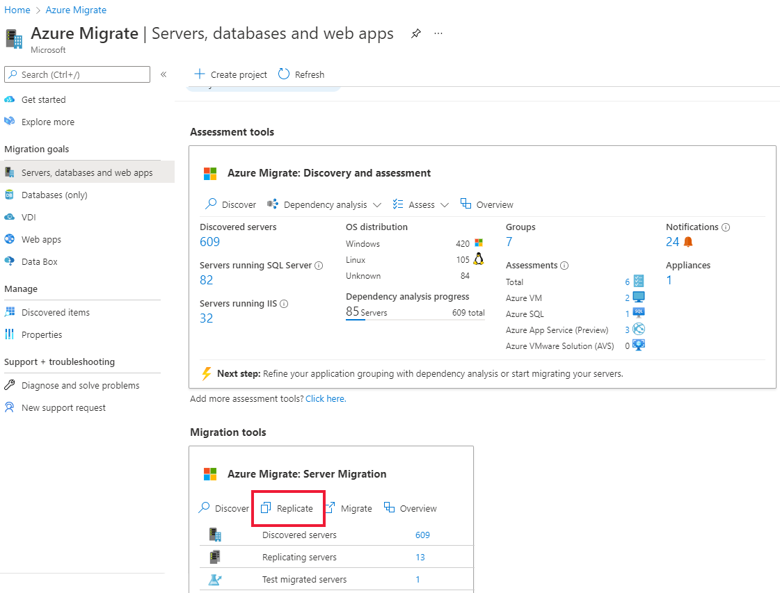 Screenshot  of the Servers screen in Azure Migrate. The Replicate button is selected in the Azure Migrate: Server Migration tool under Migration tools.